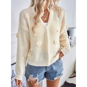 Floral Applique Button Down  Cardigan Beige